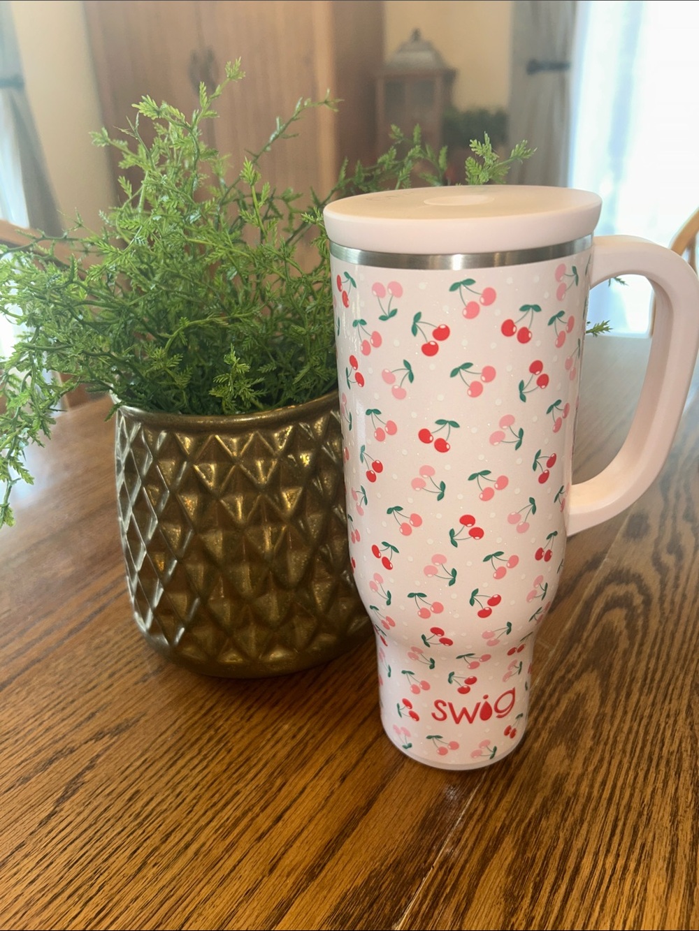 Light Pink Cherry Pattern Insulated Swig Travel Mug